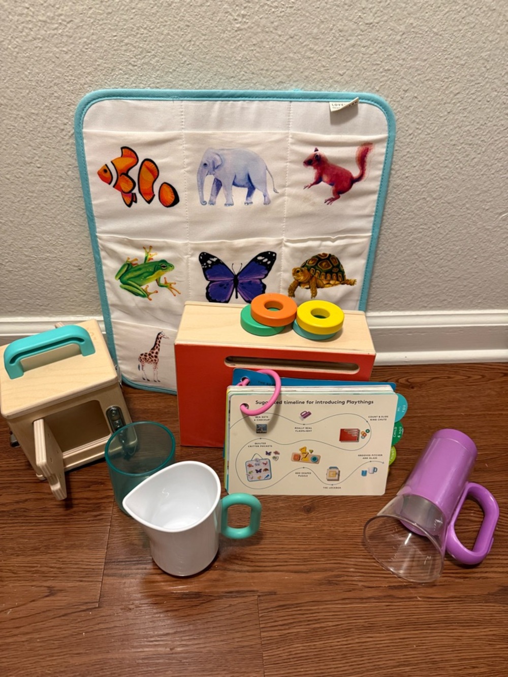Wooden Stacking & Play Kitchen Set with Blue Trim Play Mat